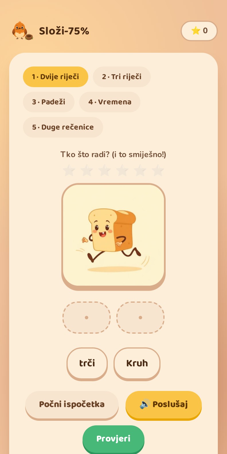 Složi-75% — slaganje riječi u rečenicu