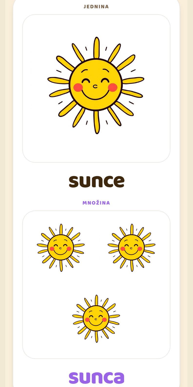 Jednina - Množina — riječ sunce u jednini i množini